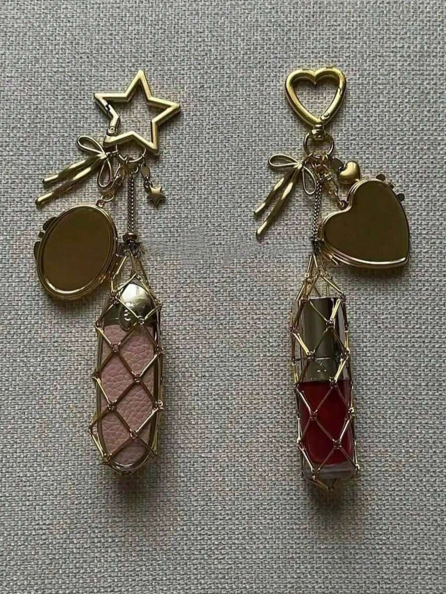 Nuevo encanto de bolso de malla de lápiz labial de acero inoxidable dorado, colgante de bolso de lápiz labial de moda, colgante de llavero, regalo para niñas, colgante decorativo delicado de lápiz labial, llavero con lazo, regalo para adolescentes - Multicolor - Ver 1