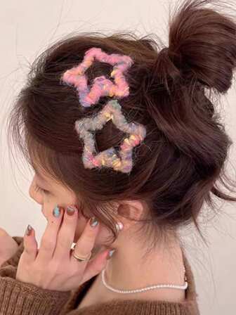 2个/6个Y2K星星发夹，彩色毛绒五角星发夹，适合女性和女孩，可爱侧刘海夹，多功能发饰，冬季必备，爪夹，发夹，发卡