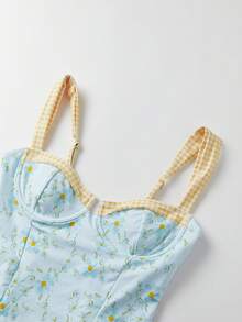 Womens One Piece Swimsuits Sleeveless Floral Print Patchwork Push Up Full Coverage Slimming Swimwear - 淺藍色 - 查看 6