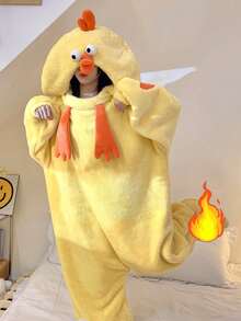Winter Women's Chick One-Piece Hooded Velvet Bathrobe Pajamas Home Clothes, Warm Velvet Coral Fleece, Funny Cartoon Animal One-Piece Pajamas, Soft Polyester Fiber, Simple Pajamas, Comfortable To Wear, Breathable Fabric, Suitable For Winter, Warm, Halloween Gifts, Theme Parties, Pajama Parties Bathroom Decor - Yellow - View 2