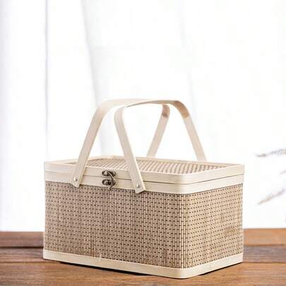 Natural Woven Picnic Basket With Lid, Rural Style Shopping Market Portable Basket Can Be Used For Egg Collection/Wedding Decoration/Toy Storage/Outdoor Picnic Basket Can Be Freely Matched