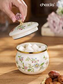 1个糖罐、咖啡罐、茶叶罐、多功能储物罐、食品储物罐，搪瓷材质，图案设计。