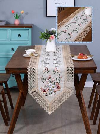 1 pieza Camino de mesa con borde de encaje bordado con mariposa, camino de mesa de poliéster romántico resistente al polvo y al calor, adecuado para mesa de comedor, mesa de café, decoración del hogar, fiesta de boda, festividad