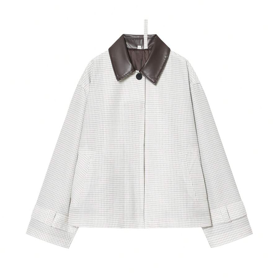 Chaqueta con cremallera de manga larga, de tela tejida a cuadros, con bolsillos, de longitud regular y ligera, adecuada para Halloween y primavera - Multicolor - Ver 1