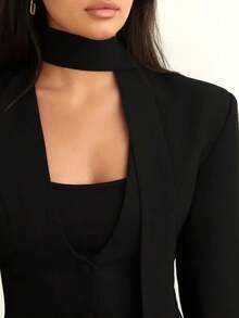 1 Stück Damen Einfarbige Gewebe Knopf Casual Pendler Jacke, geeignet für Büromode im Frühling und Herbst Schwarz - Schwarz - Übersicht 4