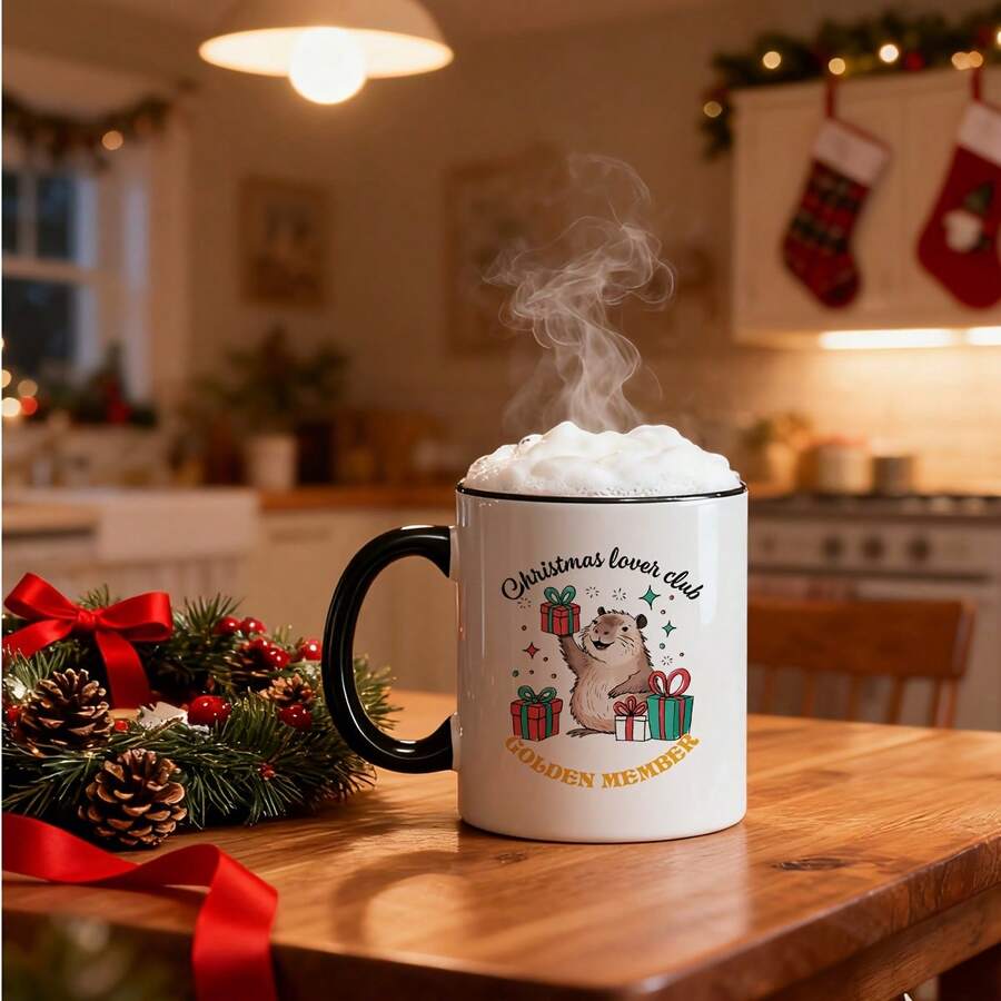 1 Pack Coffee Cup, Santa Claus And Reindeer Design - Merry Words, Gold Embellishments, Holiday Decoration, Home, School, Office Or Gifts, Hand Wash Only, Reusable, No Electricity Needed, Coffee Bar Accessories, Coffee Cup Set, Insulated Cup, Coffee Travel Cup, Coffee Insulated Cup, Outdoor Coffee Cup, Coffee Cup/Insulated Cup, Insulated/Thermal/Insulated Cup, Hot Drink Travel Cup, Coffee Cup, Insulated Cup Warmer, Drinking Bottle, Insulated Cup, Coffee Cup - Style 3 - View 1