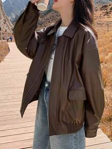 chaqueta de mujer Chaqueta de piel marrón para mujer, nueva colección primavera-verano, estilo hongkonés retro, chaqueta americana tipo motero Melard - Marrón - Ver 1