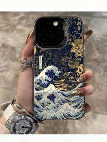 1pc Black Matte Laser Energetic Shell, Japanese Anime Wave Pattern Phone Case, Compatible With IPhone 17/16 Pro Max, 15/14 Plus, 13/12/11, Series - Multicolor - View 1