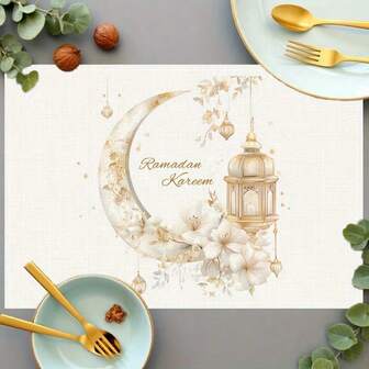 Jogo de 4 jogos americanos temáticos para o Ramadã, com um design simples de lua crescente e lanterna com detalhes florais, ideal para encontros, refeições e decoração de festas. Mede 30x45 centímetros e é perfeito para decoração de casa, mesas festivas, decoração rústica, estilo campestre, jogos americanos laváveis, materiais duráveis e para momentos de lazer em casa.