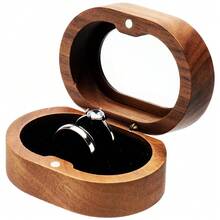 Oval Small Walnut Wooden Ring Box For 2 Rings, Ring Holder For Engagement Wedding Ceremony Marriage Birthday (Black Inner),BlackInner - 黑色內層 - 查看 1