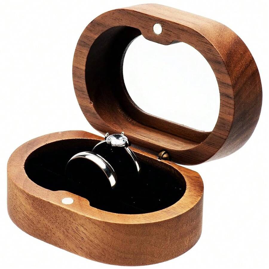 Oval Small Walnut Wooden Ring Box For 2 Rings, Ring Holder For Engagement Wedding Ceremony Marriage Birthday (Black Inner),BlackInner - 黑色內層 - 查看 1