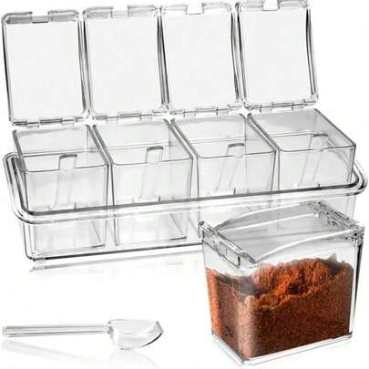 4-Grid Transparent Spice Rack, Spice Jars, Acrylic Spice Containers - Storage Containers Spice Jars Acrylic Spice Rack