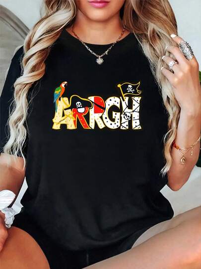 100% Cotton Fun ARRGH Pirate Style Pirate Costume ARGH Pirate T-Shirt Women's Men's Streetwear Graphic Tee Black Crew Neck Vacation Tops Round Neck Fashion Shirts