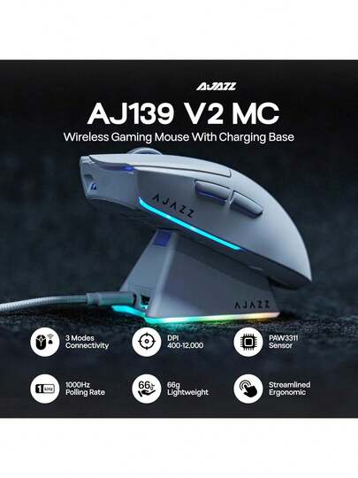  AJAZZ AJ139 V2 MC 无线游戏鼠标，RGB 充电底座，3311 芯片，12000 DPI，支持 1000Hz 报告速率，可充电长效电池，可充电 [官方配置]
