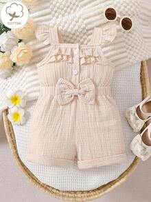 Baby Girl Summer Fashion Cute Casual Pure Cotton Crepe Ruffle Strap Big Bow Romper - Apricot - View 2