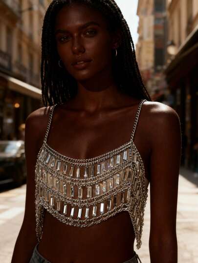 1 pieza Cadena corporal de mujer de cuentas de acrílico plateado - Pieza brillante y llamativa, adecuada para discotecas y atuendos de moda