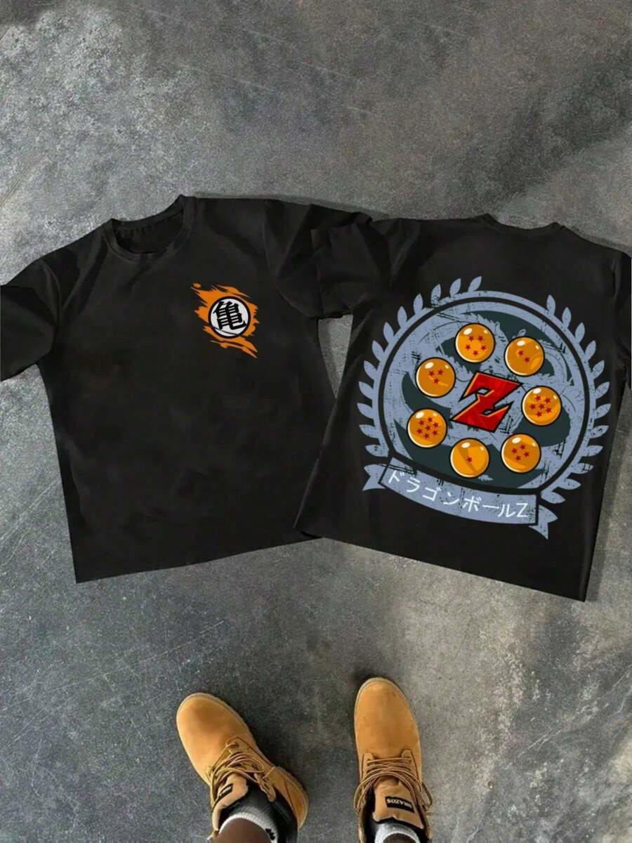 Dragon Balls And "Z" Logo With Turtle Symbol Graphic Men's T - Shirt, 100% Cotton, 220g Heavyweight - 黑色 - 查看 1