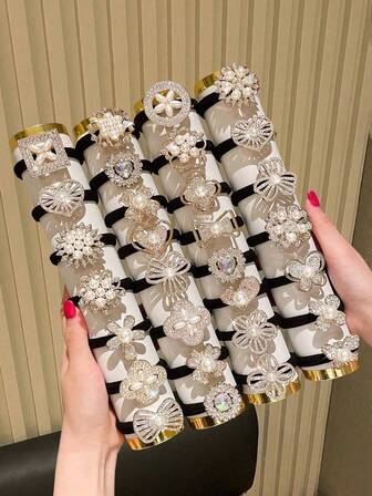 5/10/15/20pcs Women Elegant Rhinestone Elastic Hair Ties, Shiny High-End Faux Pearl & Rhinestone Embellished Hair Scrunchies, Suitable For Daily Use And Gifting For Parties, Banquets, Balls, Holidays (Styles Not Limited To Picture) ,Ponytail Holders ,Hair Elastics ,Hair Rubber Bands ,Hair Rope