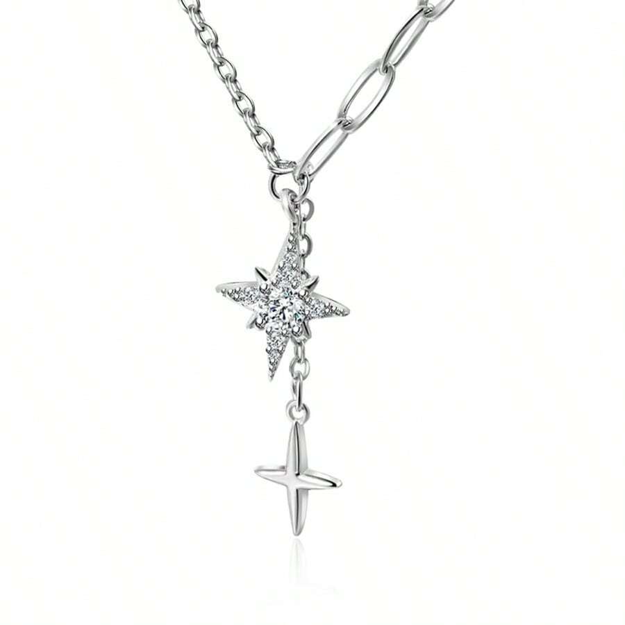1件优雅925纯银镶嵌合成锆石星形吊坠项链，时尚配饰，适合度假、节日、日常佩戴、派对、婚礼等场合。