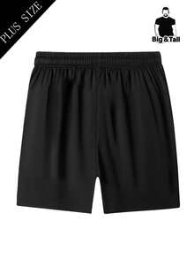 Plus Size Men's Elastic Straight Leg Shorts, Solid Color, Zipper Pockets, Drawstring, Lightweight, Suitable For Sports, Running, Fitness, Summer