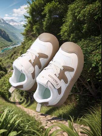 1 Pair Baby Breathable Mesh Sports Shoes, Kids Casual Shoes, White & Brown Color Block, Breathable Mesh, Hook And Loop Easy On/Off, Non-Slip Soft Bottom Protective Toddler Shoes, Stylish & Practical