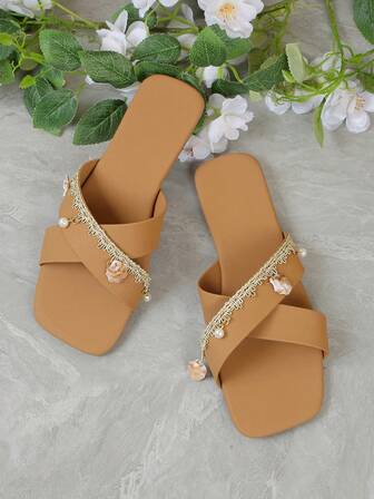 Sandalias de mujer con punta cuadrada, sandalias marrones, sandalias negras, decoración con conchas y perlas, diseño clásico de tiras cruzadas, cómodas y elegantes, ideales para la playa y las vacaciones