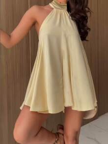 2pcs Women Summer Halter Loose Top And Shorts Set, Elegant Casual Vacation Ladies Graceful 2 Pieces Outfit For Beach Holiday - Yellow - View 2