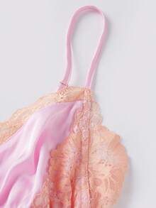 Women's Pajama Sets Lace Patchwork Spaghetti Strap Ruffled Cami Tops With Loose Pants 2Pcs Soft Sleepwear - Pink - View 4