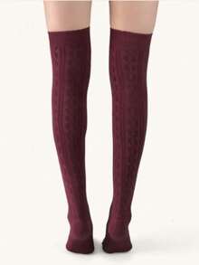 1 Pair Cable Knit Over-The-Knee Socks - Burgundy - View 2
