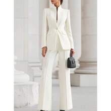Long-Sleeved Solid Color Pocket One-Button Small Suit + Long Suit Pants Two-Piece Set - trắng - Xem 3