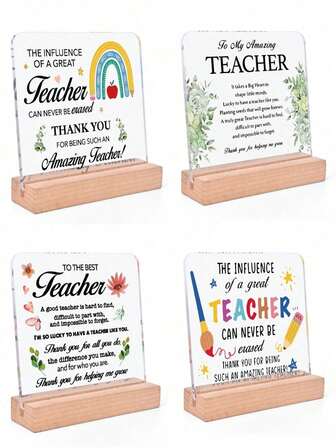 1PC/4pcs Teacher Gifts For Men Women, Funny Square Acrylic Plaque Sign With Wooden Stand, Teacher Birthday Gifts, Teacher Keepsakes Gifts For Back-To-School Season, Teacher's Day Gift, Retirement Gift, Christmas Gift, Best Teacher Desk Plaque Sign Decoration