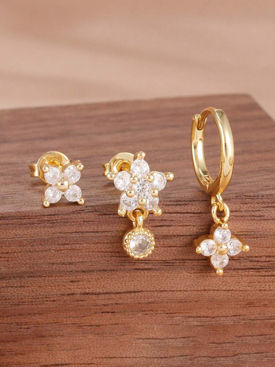 3PCS Light Luxury Exquisite Fashion Zirconia Flower Stud Earrings Set For Women 18K Gold Plated Small Snowflake Pendant Earring Engagement Birthday Jewelry Gift - 3pcs for One Ear - View 1
