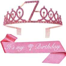 Set de 2 piezas: Corona de estrás con número 6, 7, 8, 9 o 10, cinta de peonía, flor de rosa, correa de hombro, cinturón de tela, accesorios de moda para el cabello. Regalo de fiesta de cumpleaños para niñas, color rosa - Oro rosa - Ver 3