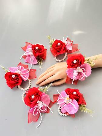 1 pieza/6 piezas Flor de rosa roja artificial Corsage de muñeca de novia Dama de honor Hermana Mujer Flor de mano Flores de boda Decoración de fiesta