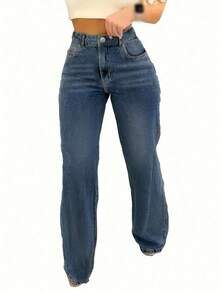 Cross-Border Women's Women's Insert Pocket Loose Casual Basic Straight Jeans - Dark Wash - View 2