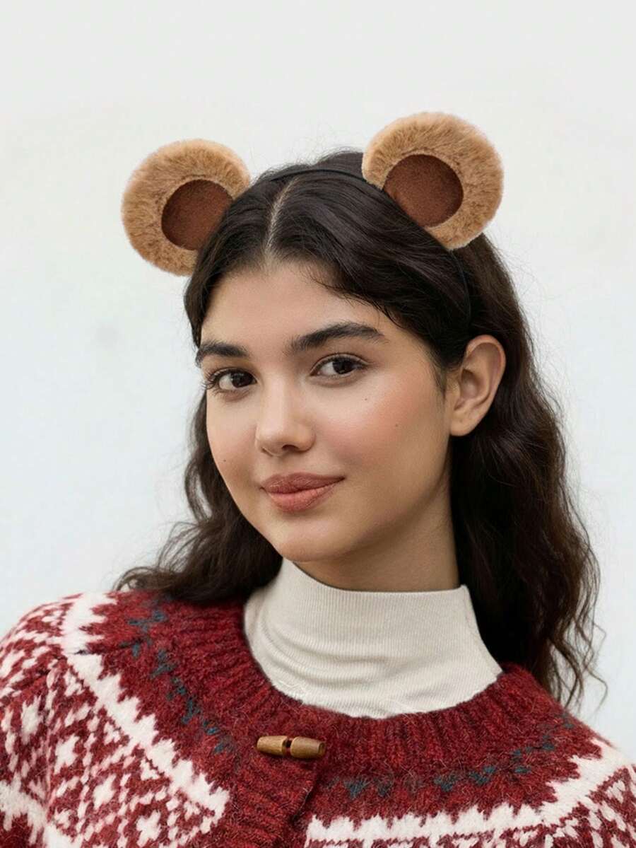 Hatastic 1个可爱棕熊耳朵发箍，可活动耳朵熊头饰，适用于化妆、洗脸、动物角色扮演，毛绒熊头箍，适合圣诞节、秋季和冬季，女士新年音乐节发箍 - 彩色 - 查看 1