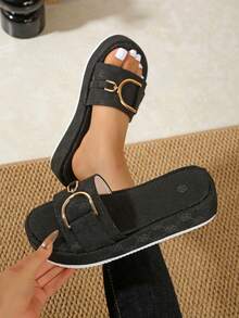2024 New Thick Sole Wedge Slide Sandals For Women, Fashion Summer Beach Slippers - Black - View 7
