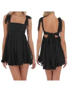 Women Y2k Cute Babydoll Mini Dress Corset Lace Patchwork Sleeveless Ruffled A-Line Flowy Short Dress Beach Streetwear - màu đen - Xem 4