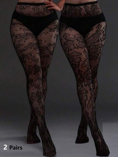 2 st plusstorlekar högstretchiga blommiga nätleggings, gotiska strumpbyxor för Halloween-kostymer, dammode ogenomskinliga sexiga svarta nätstrumpor, Y2K-stil