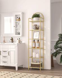 Bookcase Bookshelf, Wide Tempered Glass Bookshelves, Slim Shelving Unit For Bedroom, Bathroom, Home Office, Steel Frame, Gold - Vàng - Xem 11