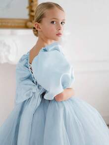 Tween Girl Elegant Bowknot Backless Deep V Puff Sleeve Mesh Princess Dress, Suitable For Birthday Party, Wedding, Flower Girl, Prom, Holiday Occasions - Baby Blue - View 5
