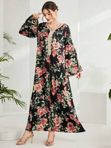 Long Sleeve Notched Neck Woven Fabric Arabian Dress With Floral Print Asymmetrical Design And Contrast Binding Details - Multicolor - View 1