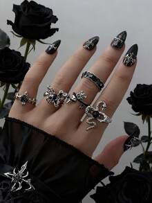 Set da 5 anelli in stile punk con fiori, cristalli e farfalle, set di anelli multicomponente con serpente, rosa e croce, per donne - Argento - Visualizzare 1