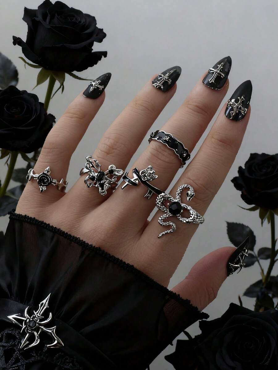 Set da 5 anelli in stile punk con fiori, cristalli e farfalle, set di anelli multicomponente con serpente, rosa e croce, per donne - Argento - Visualizzare 1