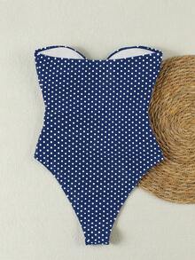 新款春夏性感休闲优雅蓝色波点镂空沙滩度假约会连体泳衣（女款） - 藍色 - 查看 3