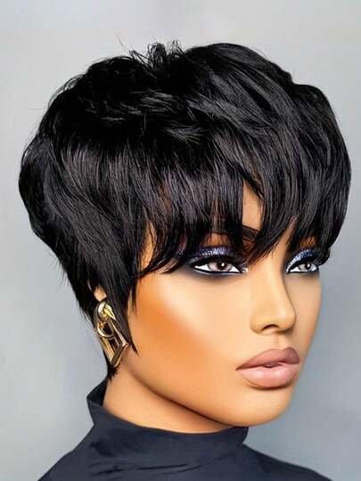 6英寸短直发假发，150%密度，100%巴西真人发，自然黑色，女士款