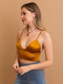 Satin Glow Longline Bralette – Effortless Elegance - Màu Mù tạt vàng - Xem 2