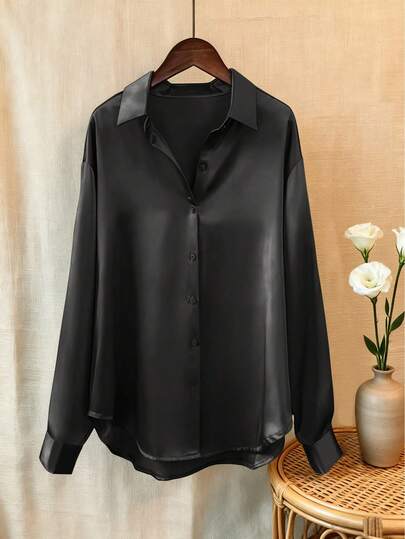 Women's Graceful Flowy Vintage Blouse, Long Sleeve Satin Shirt, Versatile For Spring & Summer