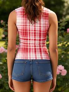 Women's Plaid Tank Tops Summer Fashionable Versatile Sleeveless Slim Fit Going Out Vest - Red - View 4