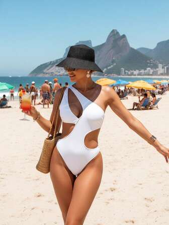 不对称镂空设计的连体泳衣，简约而优雅的比基尼，适合海滩度假，女士